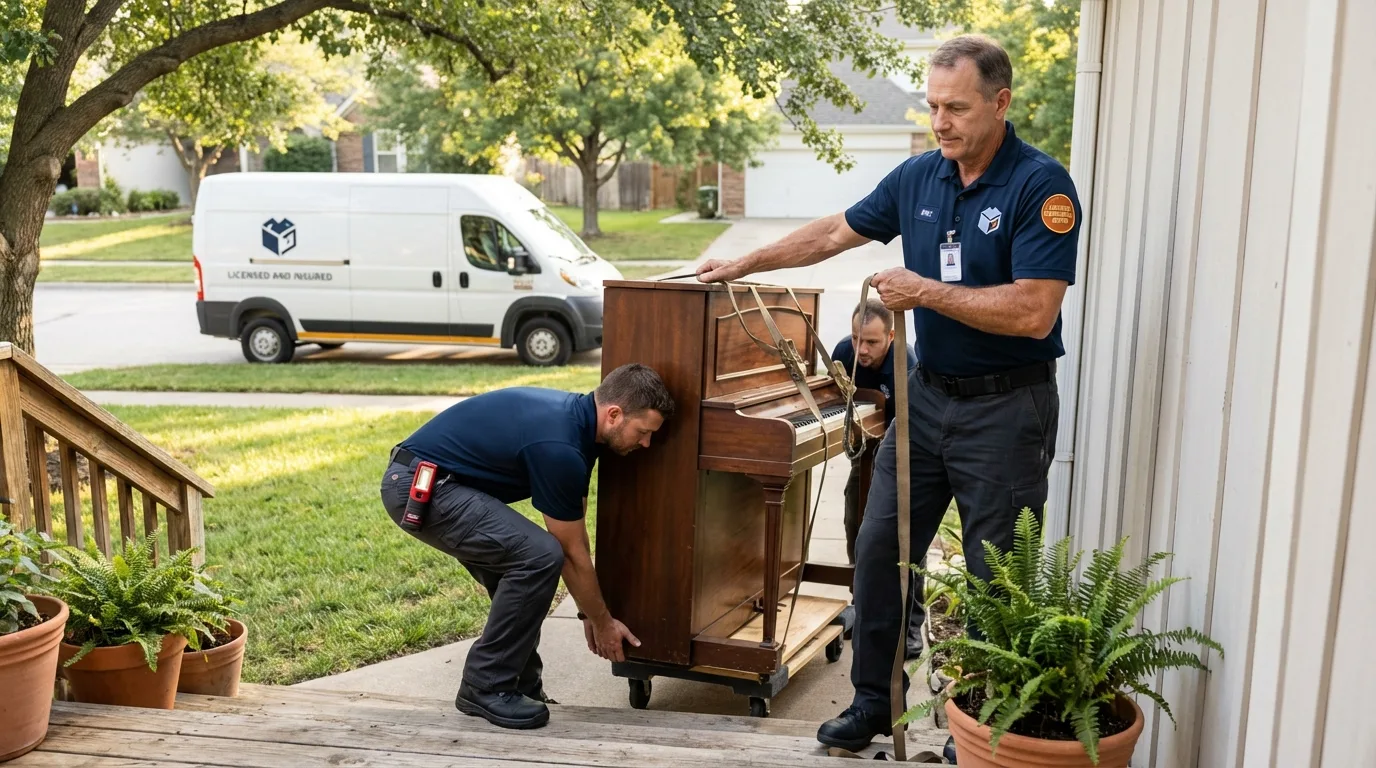 Licensed piano movers securing grand piano in Tallulah, LA