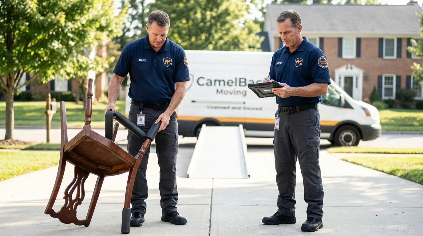Movers inspecting furniture for damage prevention before loading in Tallulah, LA