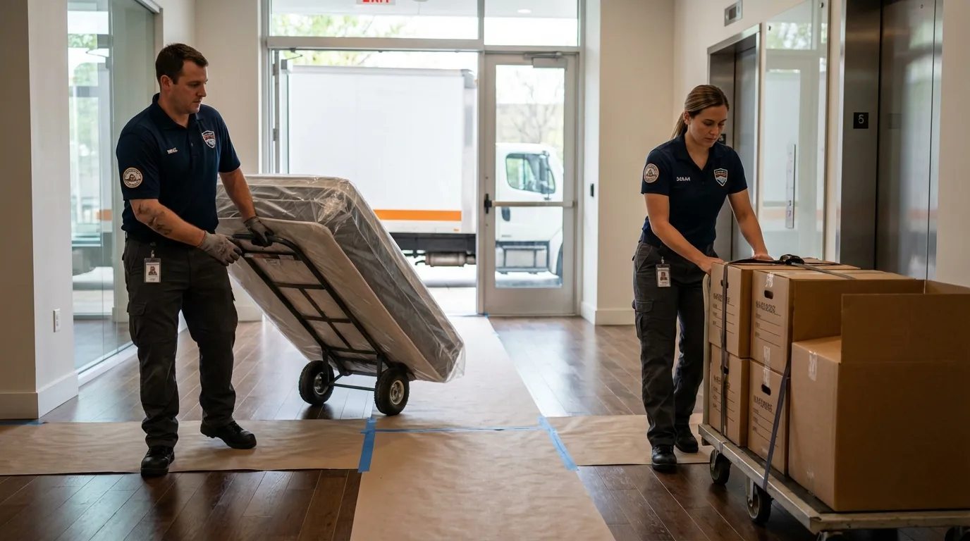 Professional apartment movers loading elevator in Tallulah, LA