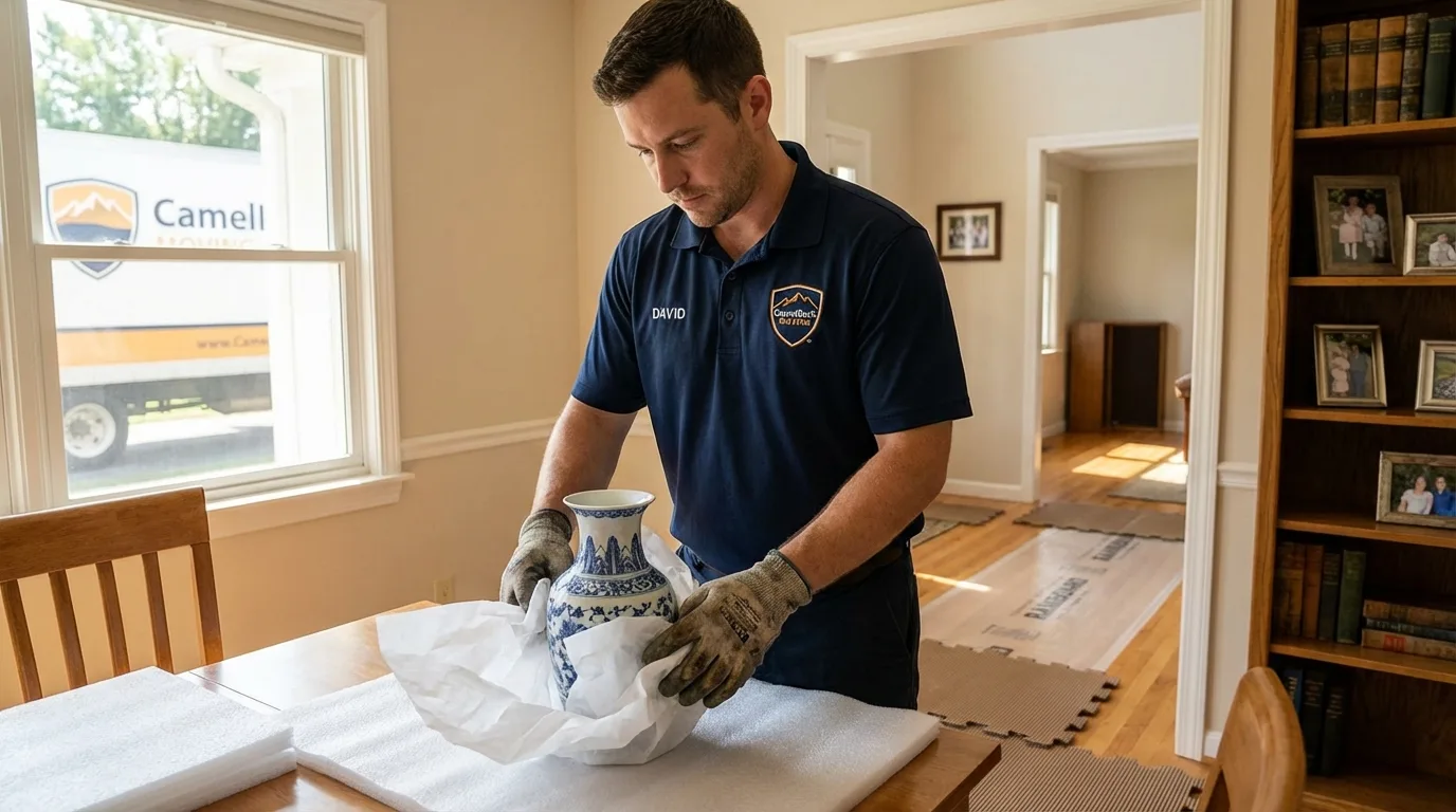 Professional crew carefully wrapping antique vase for senior downsizing move in Tallulah, LA