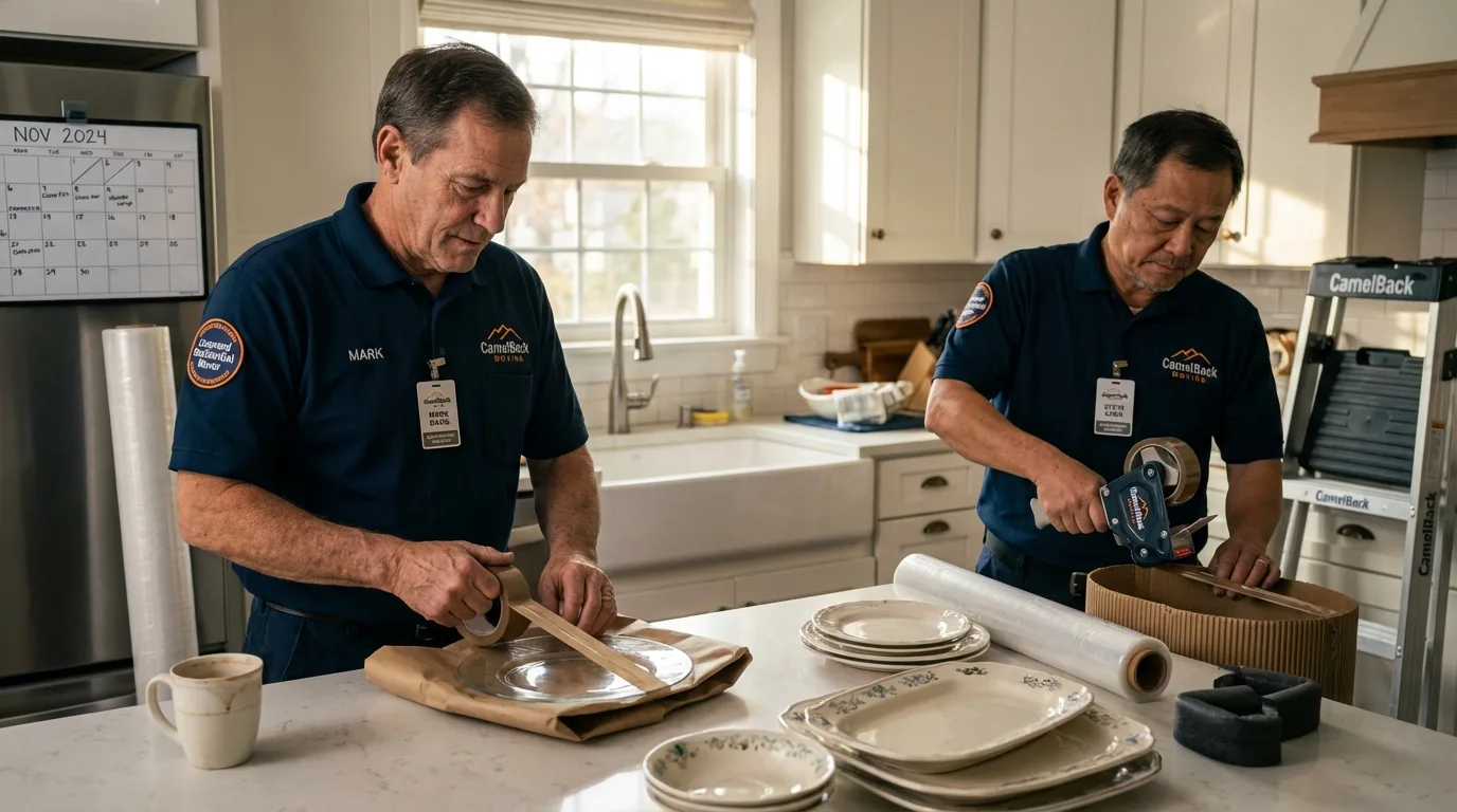 Professional crew packing kitchen dishware in Tallulah, LA